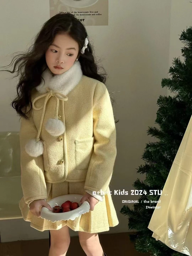 【haobaby】2024毛领毛球鹅黄裙羽绒内胆羽绒服外套5950