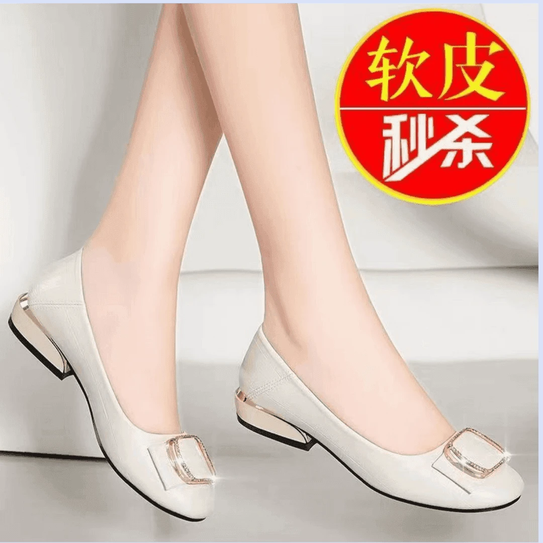 软皮单鞋女中跟2025四季新款时尚软底百搭浅口休闲平底工作女士鞋