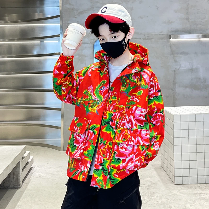 男童工装外套春秋季儿童东北大花红色上衣中大童男孩洋气喜庆国潮