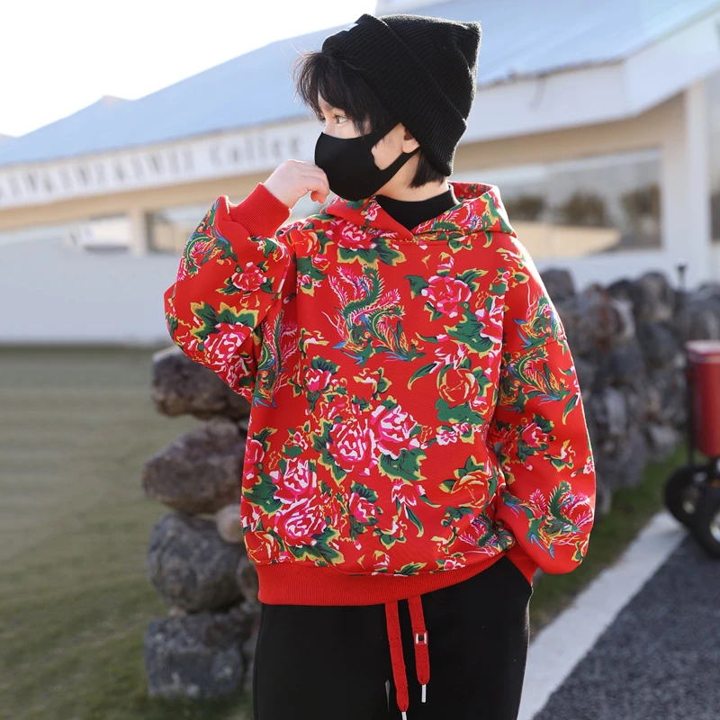 儿童装男童红色卫衣加绒加厚秋冬季中大童男孩东北大花上衣喜庆潮