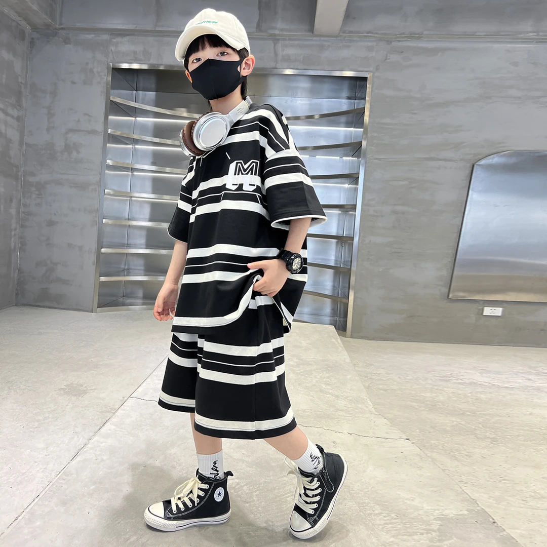 男童夏季套装洋气炸街中大童短袖夏装时尚条纹儿童男孩帅气两件套