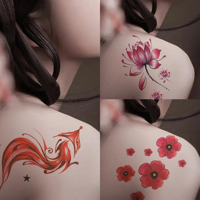 《6张》彩色唯美防水纹身贴女 持久红狐狸樱花梅花荷花性感