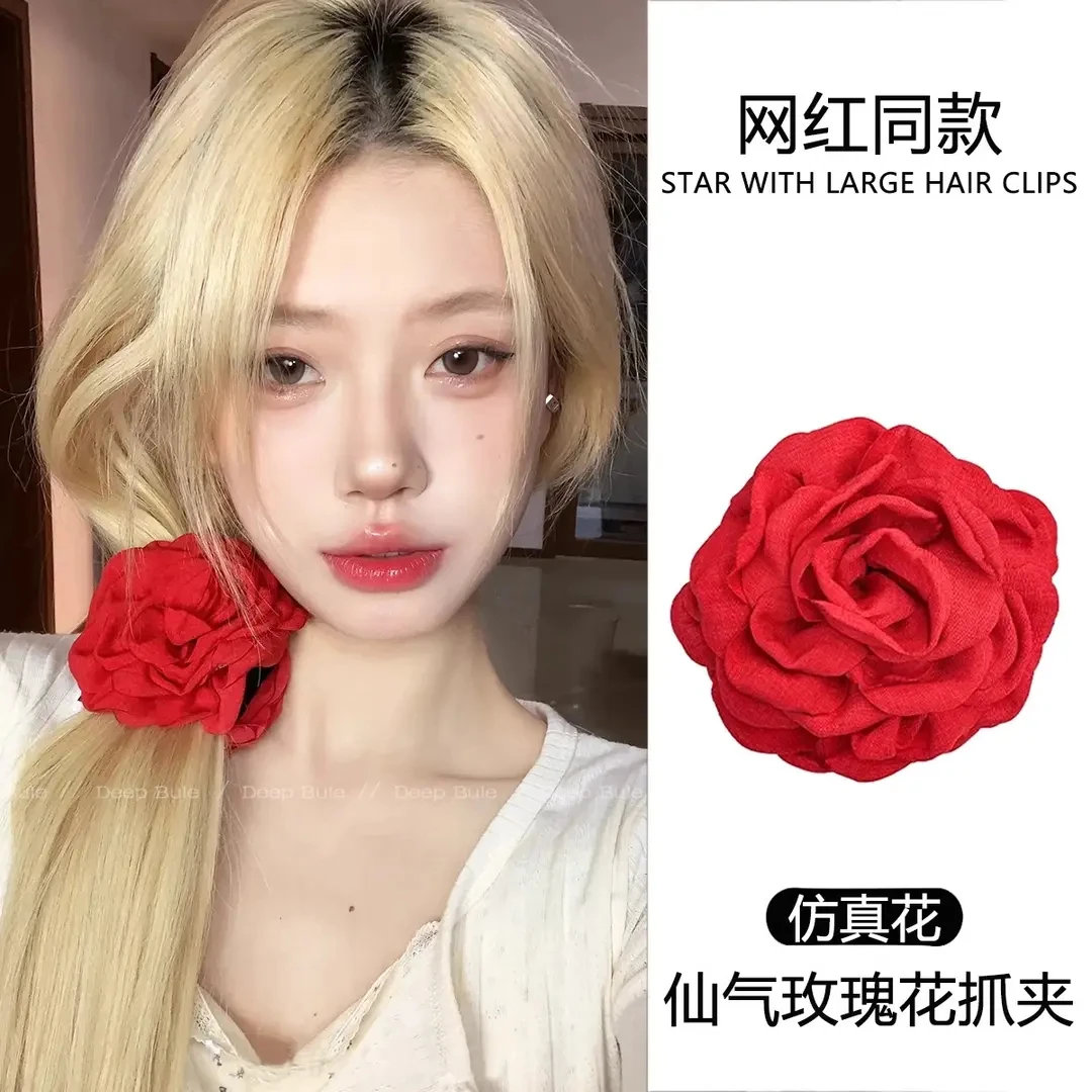 玫瑰花抓夹女新年红色立体花朵发夹头饰仿真花发卡头饰发夹发饰X