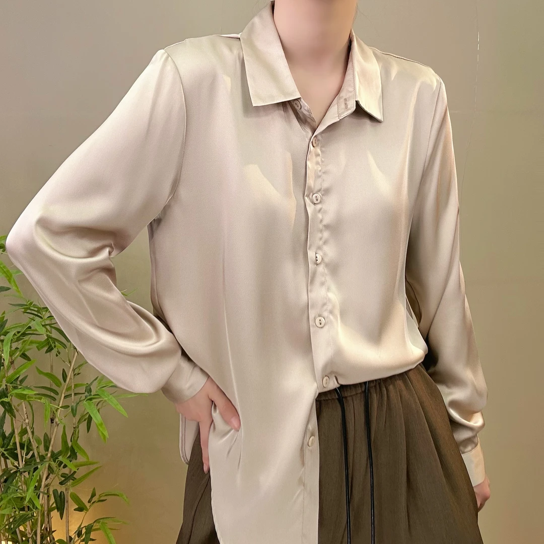 2025春夏轻奢纯色气质经典翻领简约宽松衬衫衬衣上衣