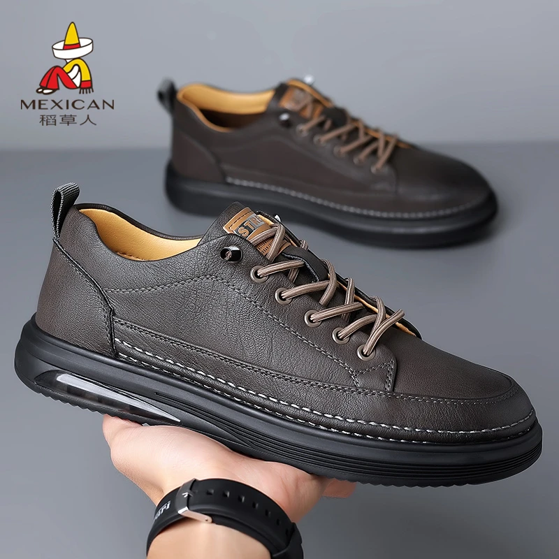 稻草人男鞋新款休闲百搭一脚蹬皮鞋软底低帮透气系带潮流板鞋男士