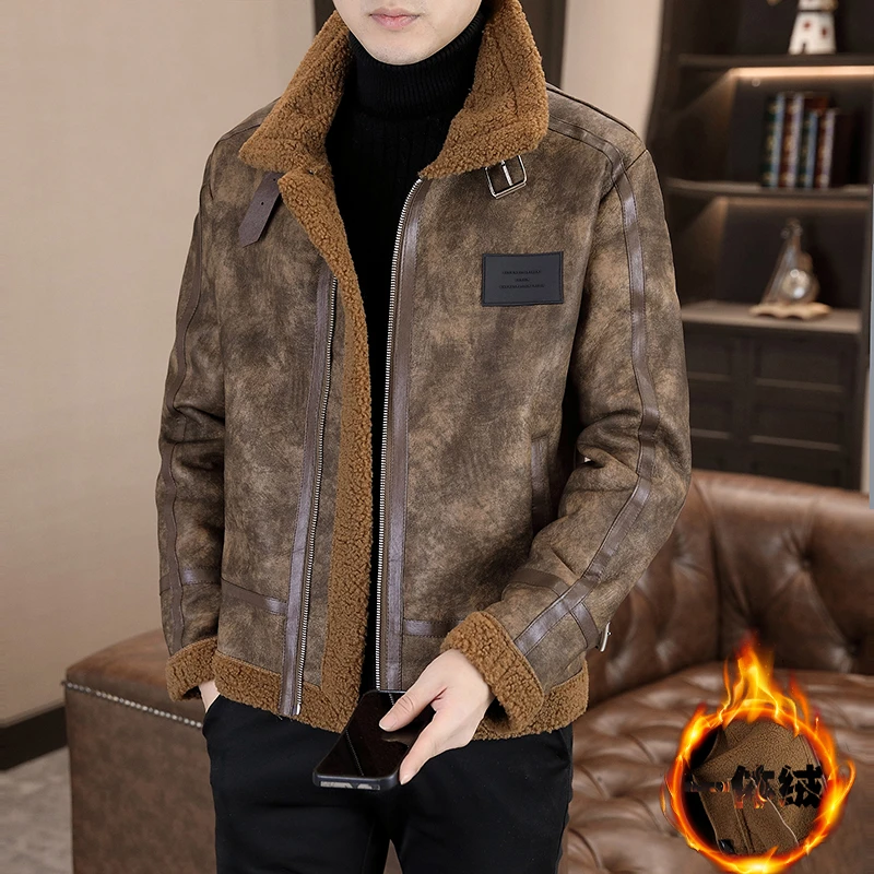 新款冬季皮衣男潮复古休闲时尚加绒翻领保暖夹克棉服短款男士外套