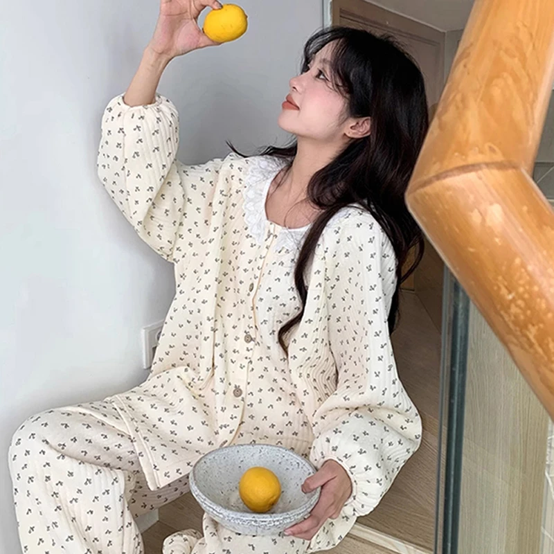 【秋冬加厚款夹层】新款蕾丝圆领碎花睡衣女套装夹棉保暖家居服套装