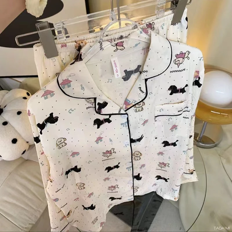 ins风女士睡衣春秋季新款长袖两件套卡通可爱斑点小狗家居服套装