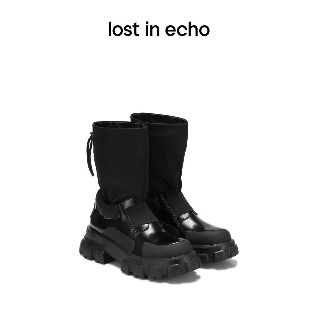 【达人专属】lost in echo 风衣布抽绳拼接马丁短靴
