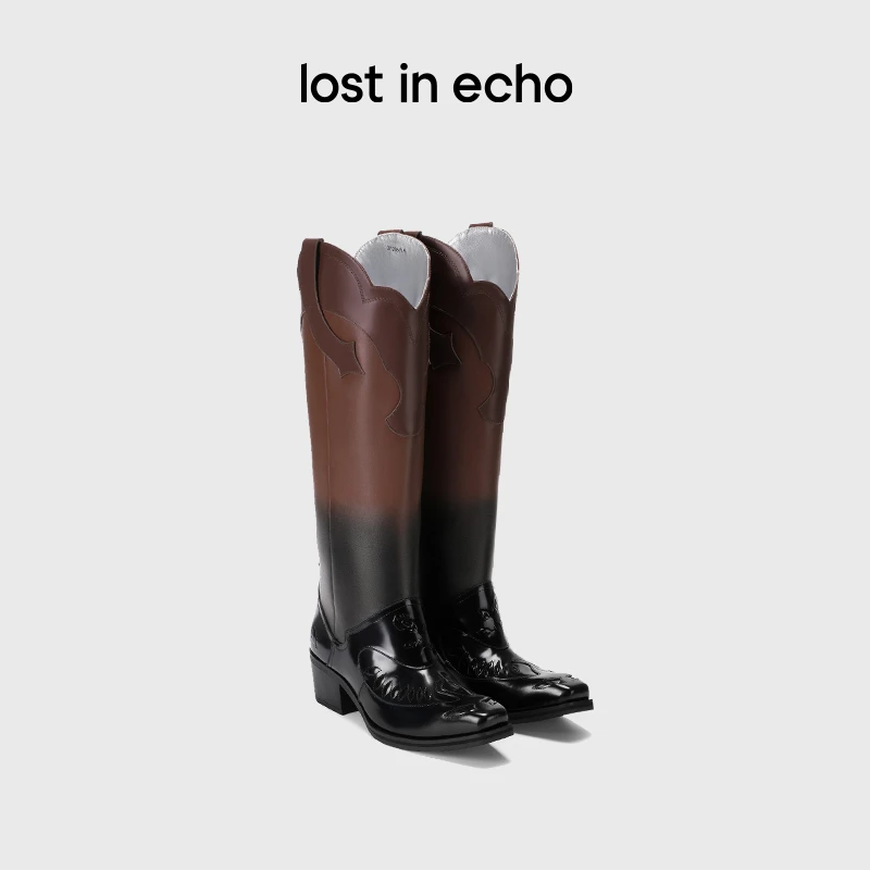 【lost in echo】设计师品牌西部拼接镂空花纹粗跟长筒靴女士秋冬