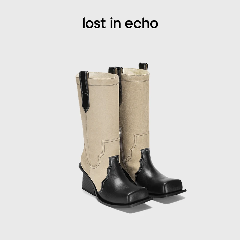 【lost in echo】设计师品牌时尚翘方头粗跟牛仔中筒靴显瘦厚底