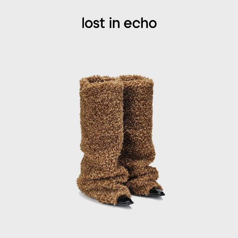 【lost in echo】秋冬时尚保暖尖头粗跟增高毛毛堆堆靴子雪地靴女