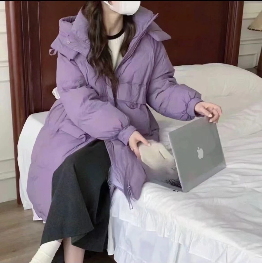 红人上新 女中长款2024韩版时尚宽松连帽收腰显瘦白鸭绒保暖外套