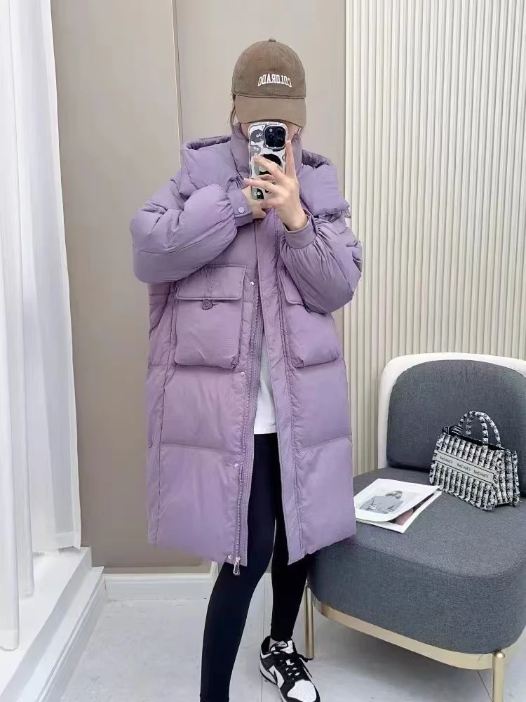 003 女中长款2024韩版时尚宽松连帽收腰显瘦白鸭绒保暖外套