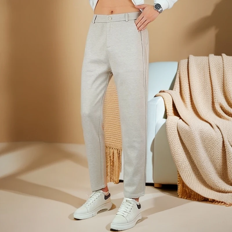 高端新品绵羊毛休闲裤男士商务宽松百搭垂感舒适高腰弹力九分男裤