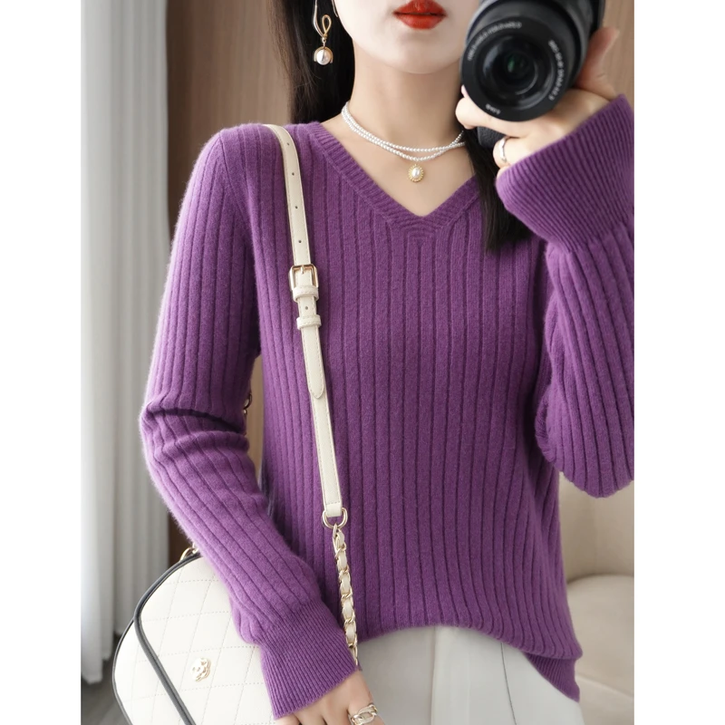 爆款秋冬V领抽条打底衫女修身显瘦内搭针织衫外穿