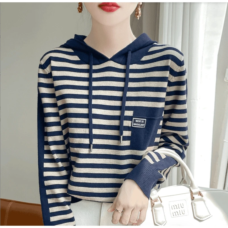 初秋新款胸前女士口袋安迪绒条纹针织帽衫长袖针织衫显瘦休闲连帽