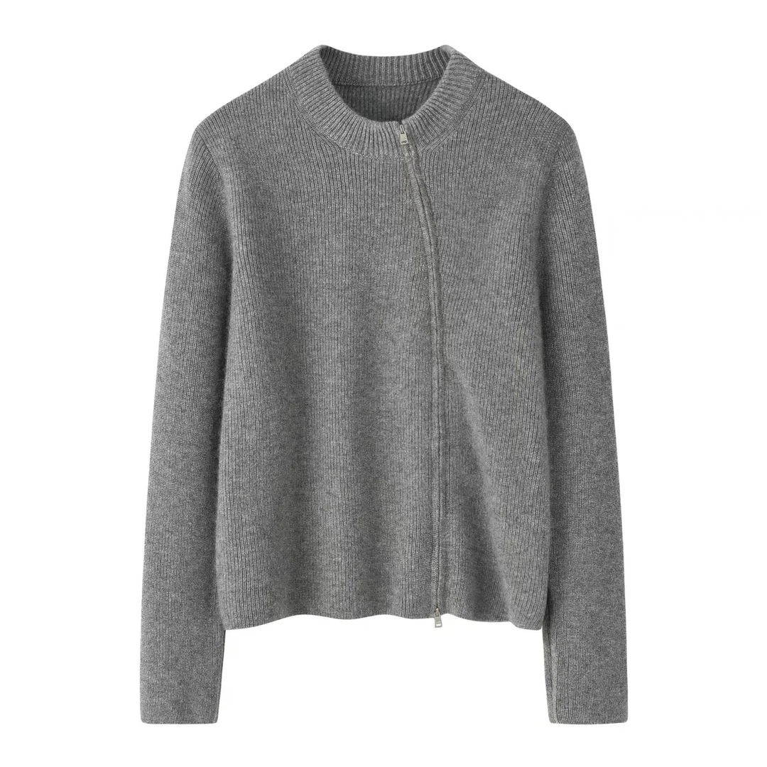 轻奢纯山羊绒斜拉链圆领女士开衫时尚针织上衣