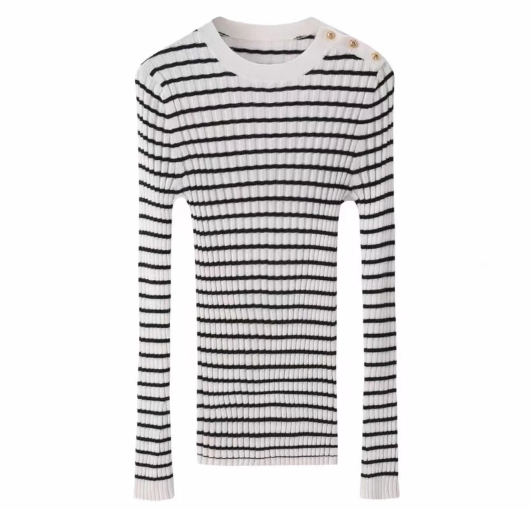 内蒙古特产纯山羊绒精纺女士抽条圆领打底衫秋冬百搭时尚条纹