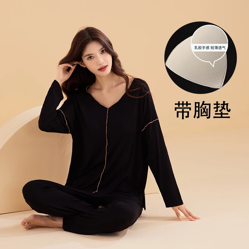 莫代尔睡衣女春秋季薄款长袖长裤带胸垫宽松休闲家居服大码两件套