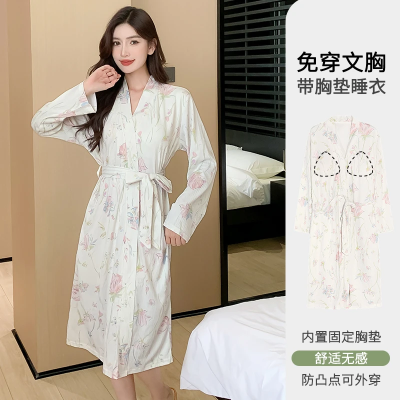 2024新款带胸垫睡袍女春秋季中长款睡裙长袖浴袍睡衣棉质家居服