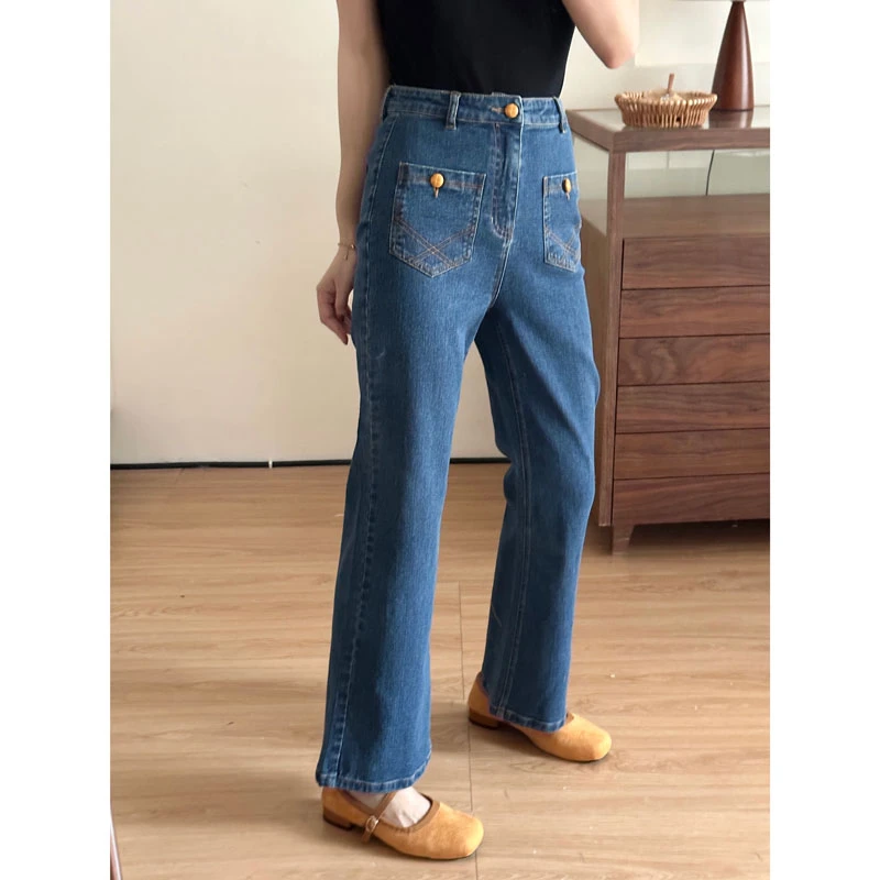 秋季菠萝扣法式复古显瘦高腰弹力牛仔裤深蓝色盘扣微喇裤女