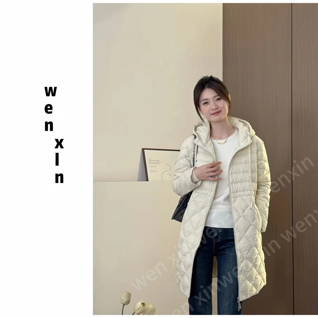 90鸭绒冬季新款连帽轻薄中长款羽绒服收腰系带保暖外套女