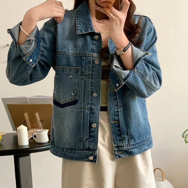 春秋新款复古撞色设计感刺绣牛仔外套百搭休闲蓝色夹克女