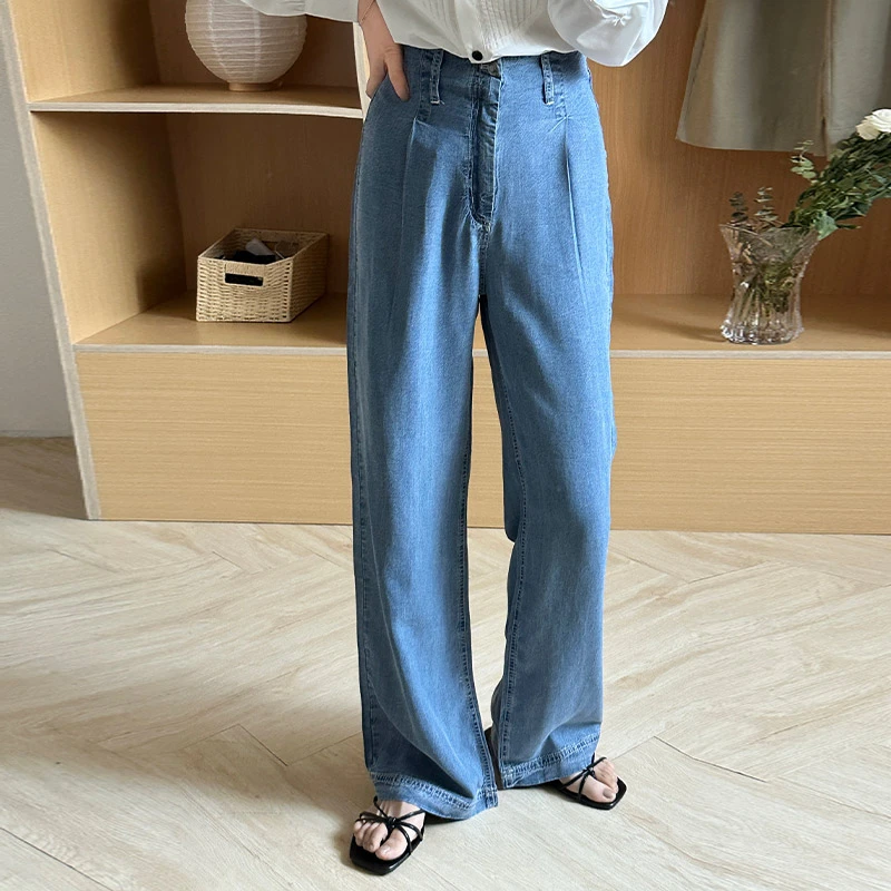 夏季直筒天丝牛仔裤薄款清凉高腰垂坠感宽松阔腿裤女