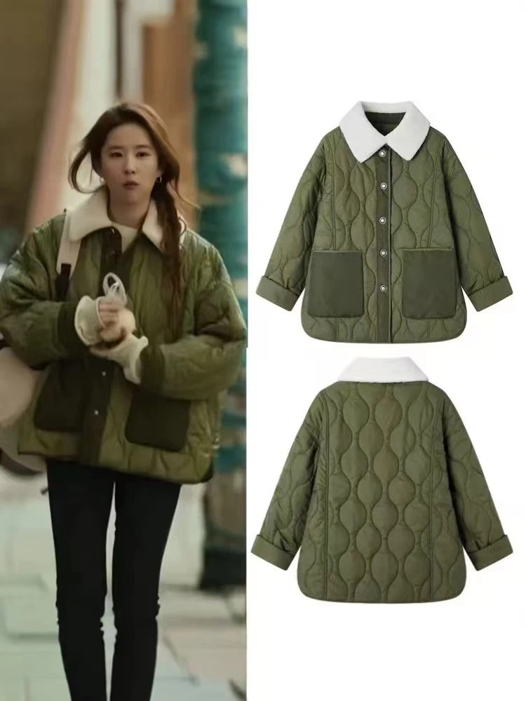 A Clip's/一个夹子 玫瑰的故事刘亦菲同款棉衣撞色领宽松棉服外套