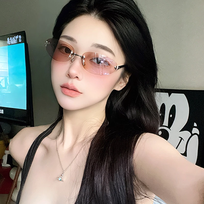 千禧个性无框水银椭圆太阳眼镜欧美辣妹Y2K网红墨镜茶片凹造型女