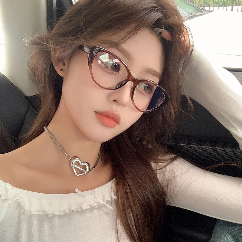 韩版复古冷茶色猫眼近视眼镜女潮素颜拍照遮颧骨摩登防蓝光平光镜