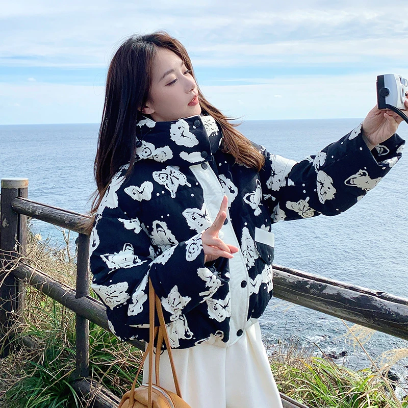 小个子印花连帽羽绒服女冬季新款短款百搭设计感90白鸭绒加厚外套