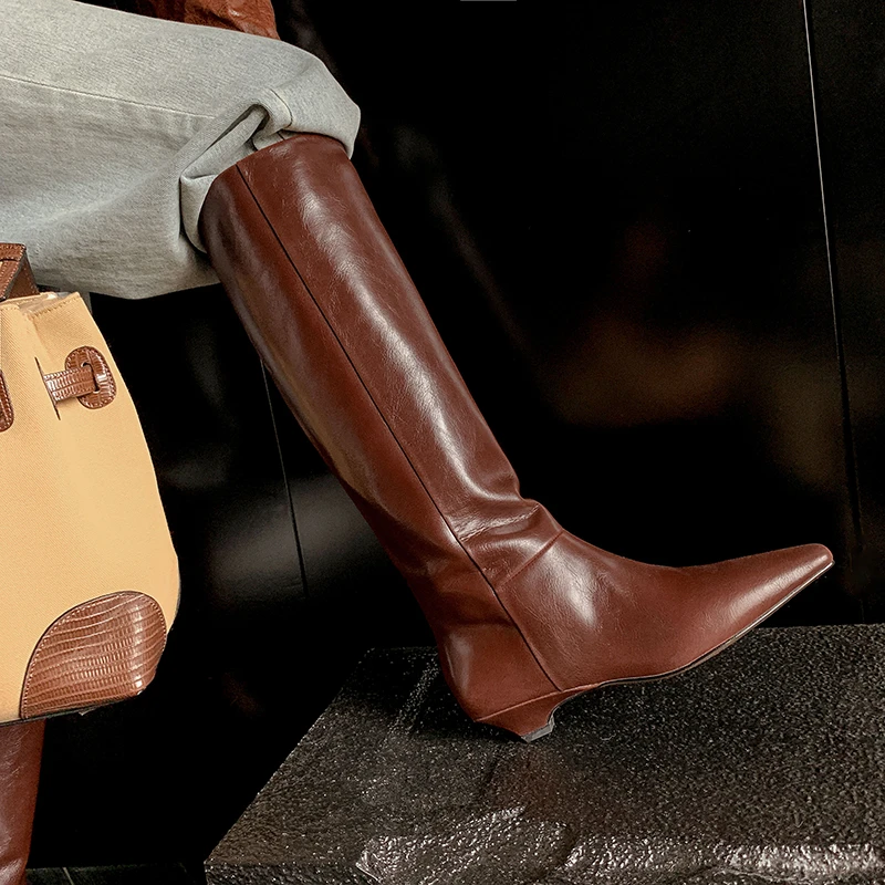 REAJOLL真皮粗跟高跟棕色秋冬美拉德瘦瘦骑士长靴尖头长筒高筒靴