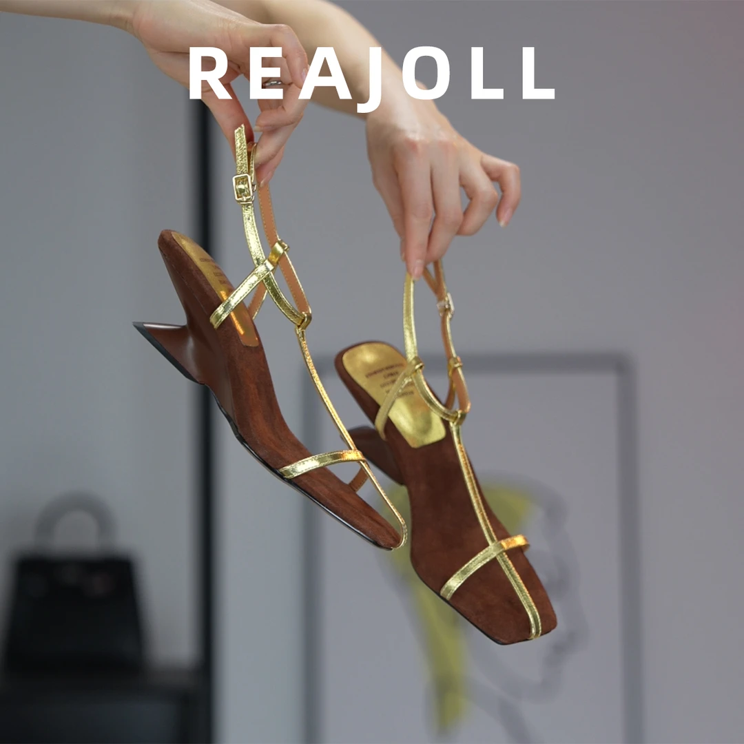 REAJOLL法式气质百搭方头十字带极简风时尚网红软底高跟鞋凉鞋女