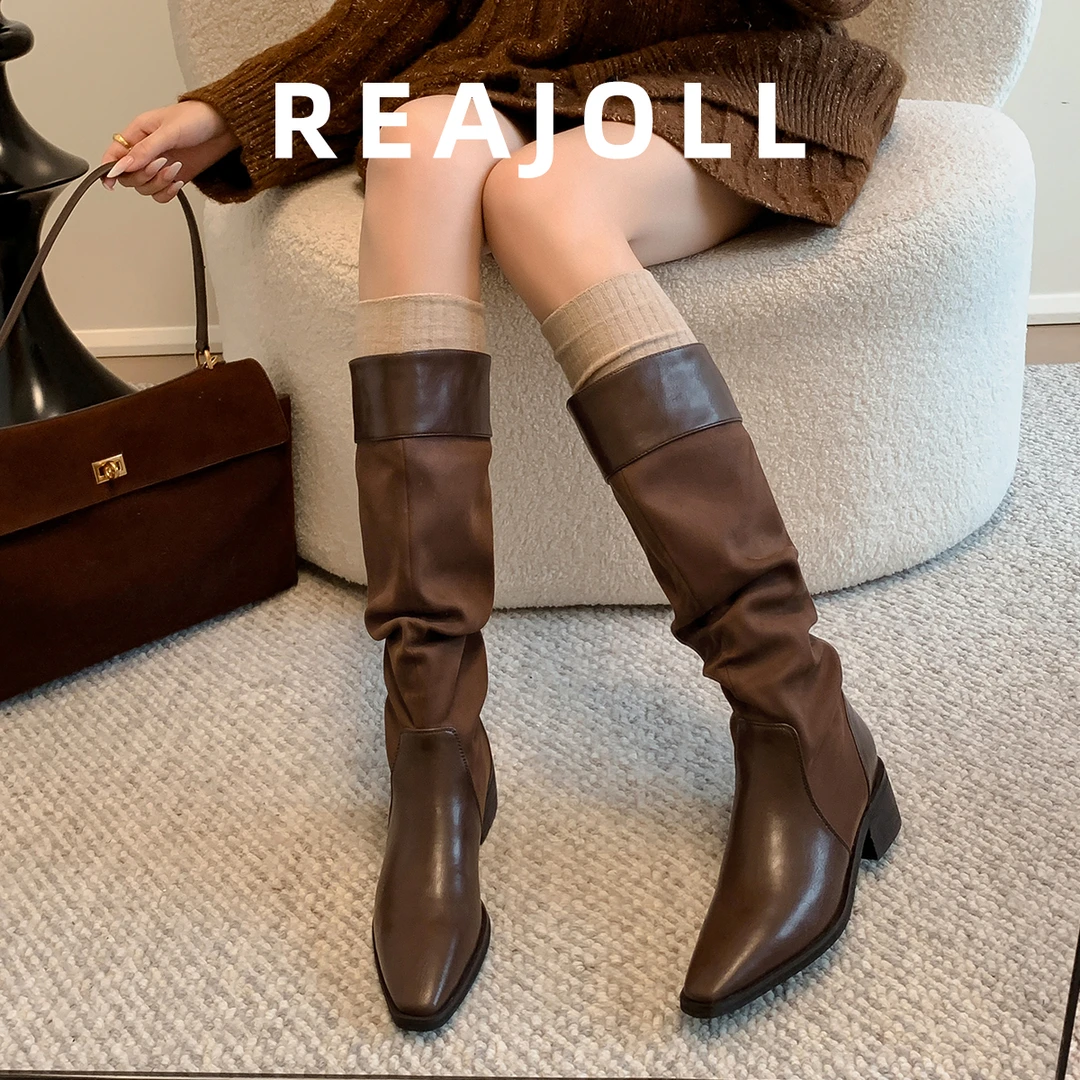 DY-10461/法式小众拼接方头粗跟气质骑士长靴秋冬新款显瘦高筒靴