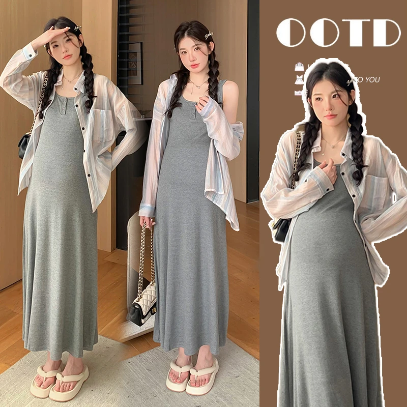 孕妇套装韩版宽松孕妇装防晒外套+背心连衣裙2024夏季两件套套装