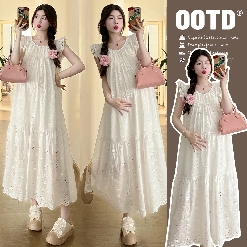 孕妇连衣裙2024夏季新款小飞袖重工刺绣圆领宽松气质长款孕妇裙