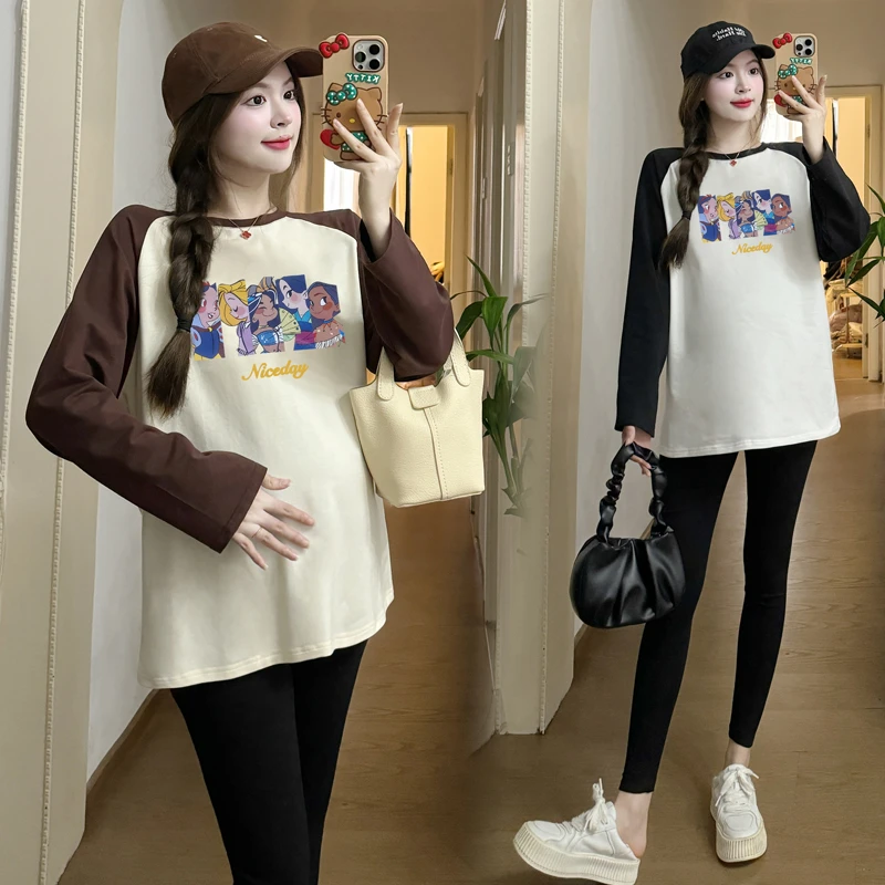 2024孕妇春装时尚新款孕妇长袖T恤气质减龄宽松休闲拼接百搭上衣