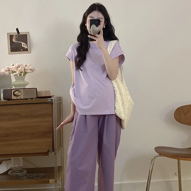 2024孕妇飞飞袖T恤辣妈大码宽松上衣＋孕妇休闲阔腿裤子孕妇套装