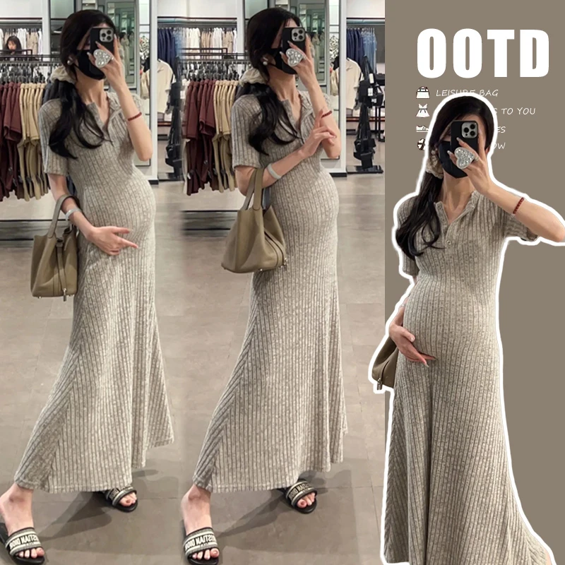 时尚夏季新款现货夏装孕妈气质修身显瘦简约针织连衣裙子女外穿裙