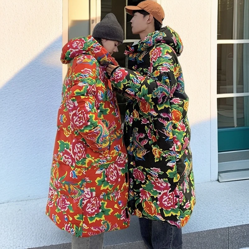 中长款东北大花棉服男女宽松保暖防寒连帽大码情侣加厚印花民族风