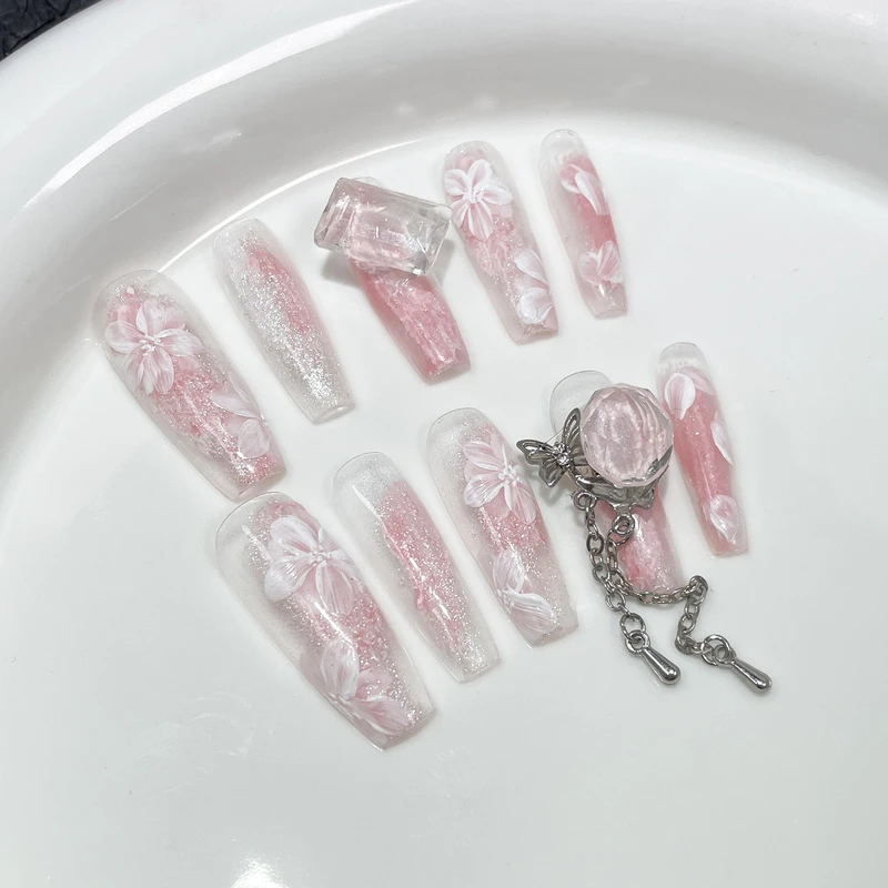 冰透手绘美甲甜美春夏长款手工穿戴甲穿戴式指甲贴