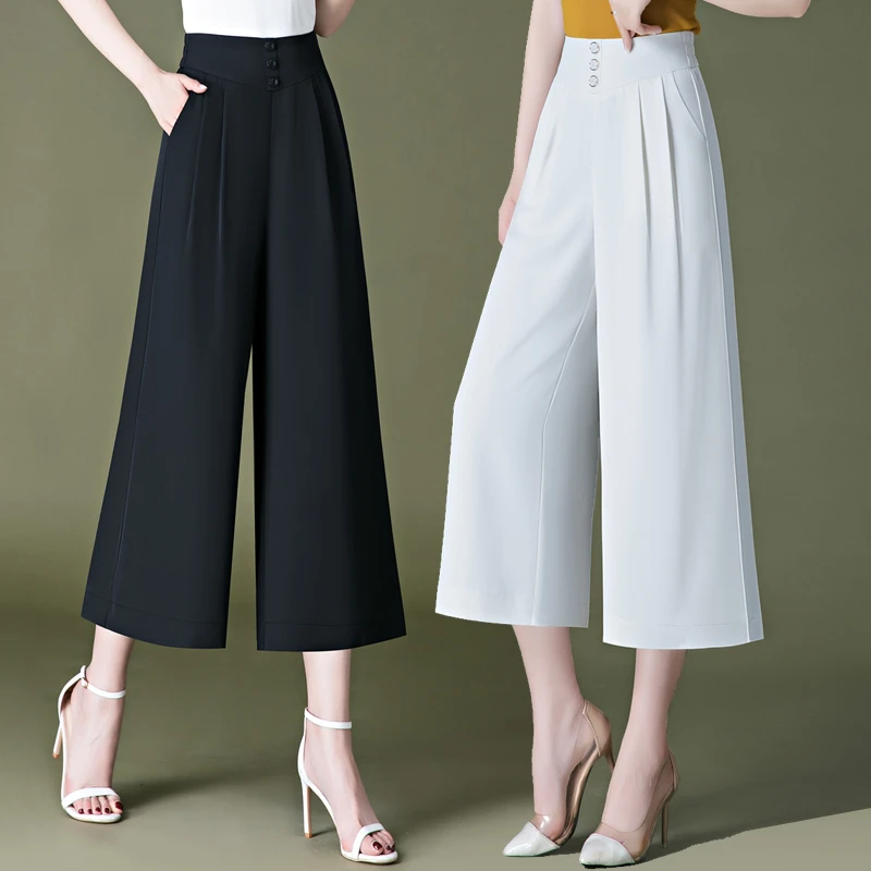 2024夏季新款冰丝阔腿裤女士大码高腰显瘦休闲裤八分裤薄款九分裤
