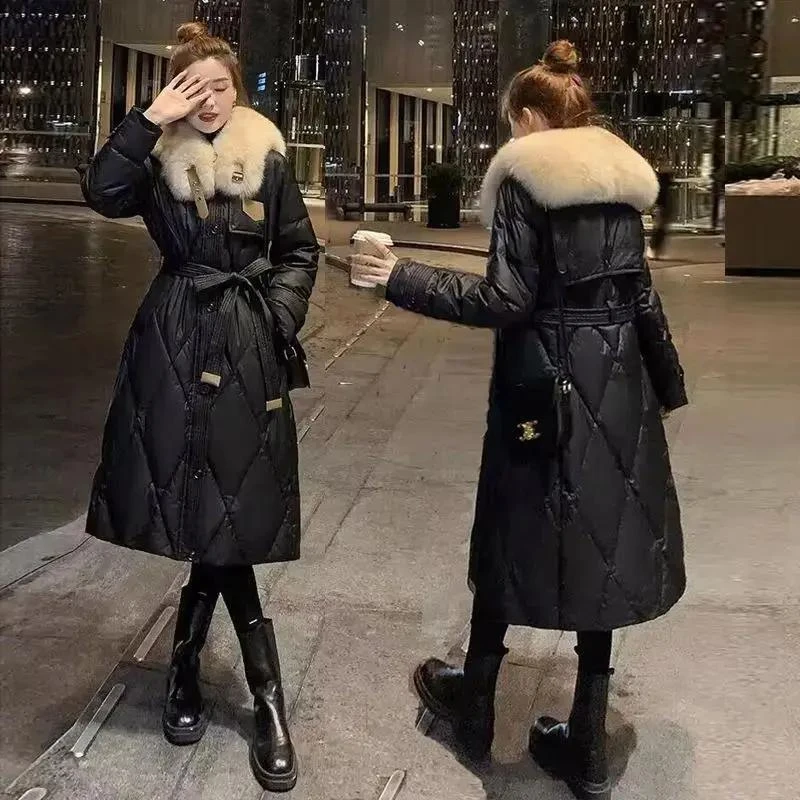 大毛领羽绒服女冬2023年新款显瘦时尚洋气中长款过膝鸭绒外套收腰