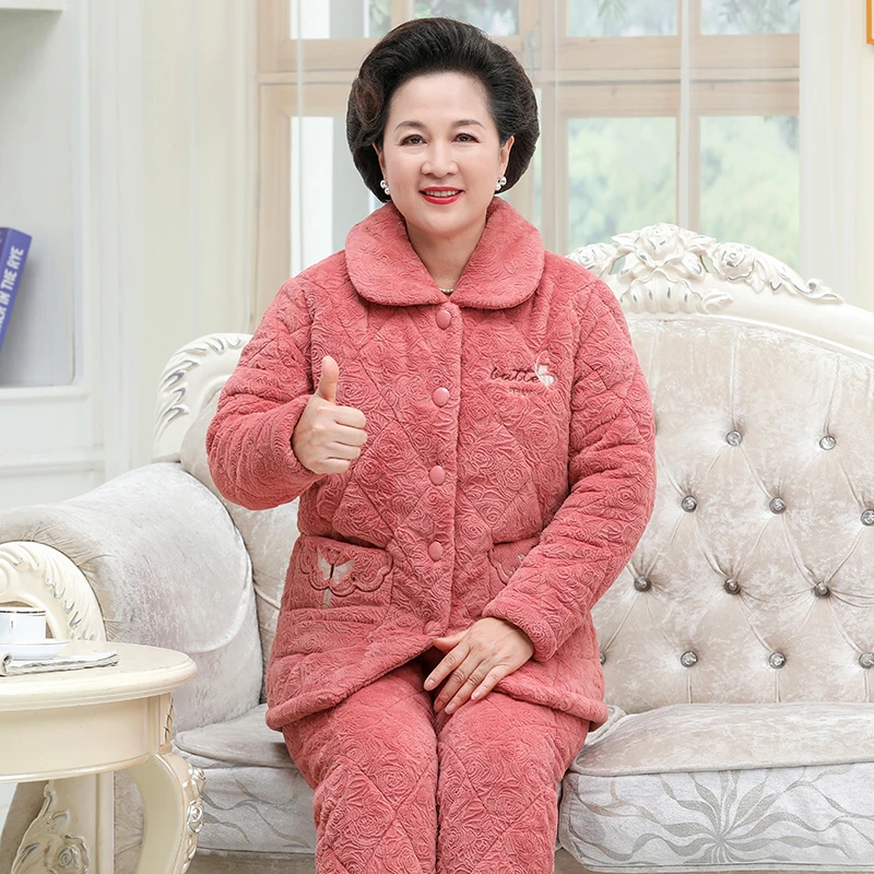 睡衣女冬季加厚中老年妈妈棉袄三层夹棉珊瑚绒保暖加绒家居服套装