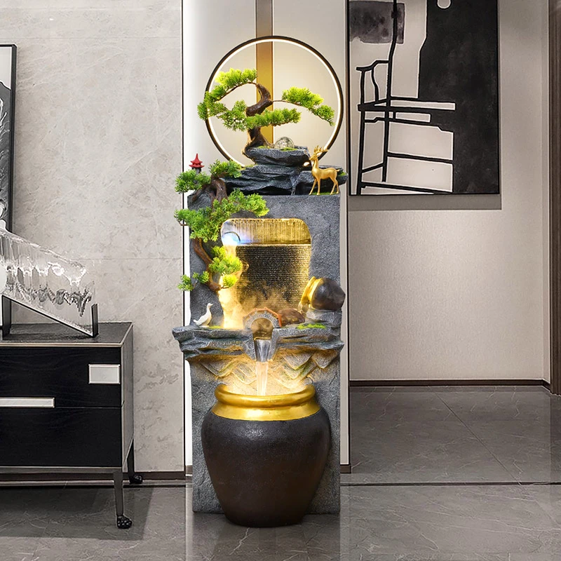 新中式假山流水落地摆件客厅玄关水幕墙景观高山喷泉循环水景装饰