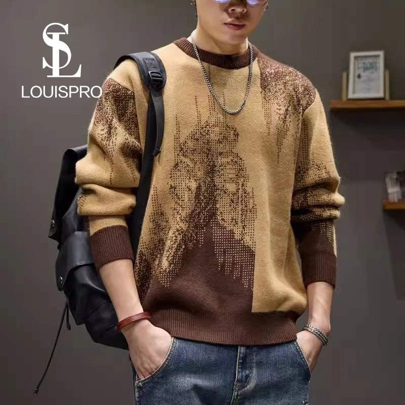 Louispro美式复古重磅针织衫毛衣男士秋季宽松撞色慵懒风圆领男