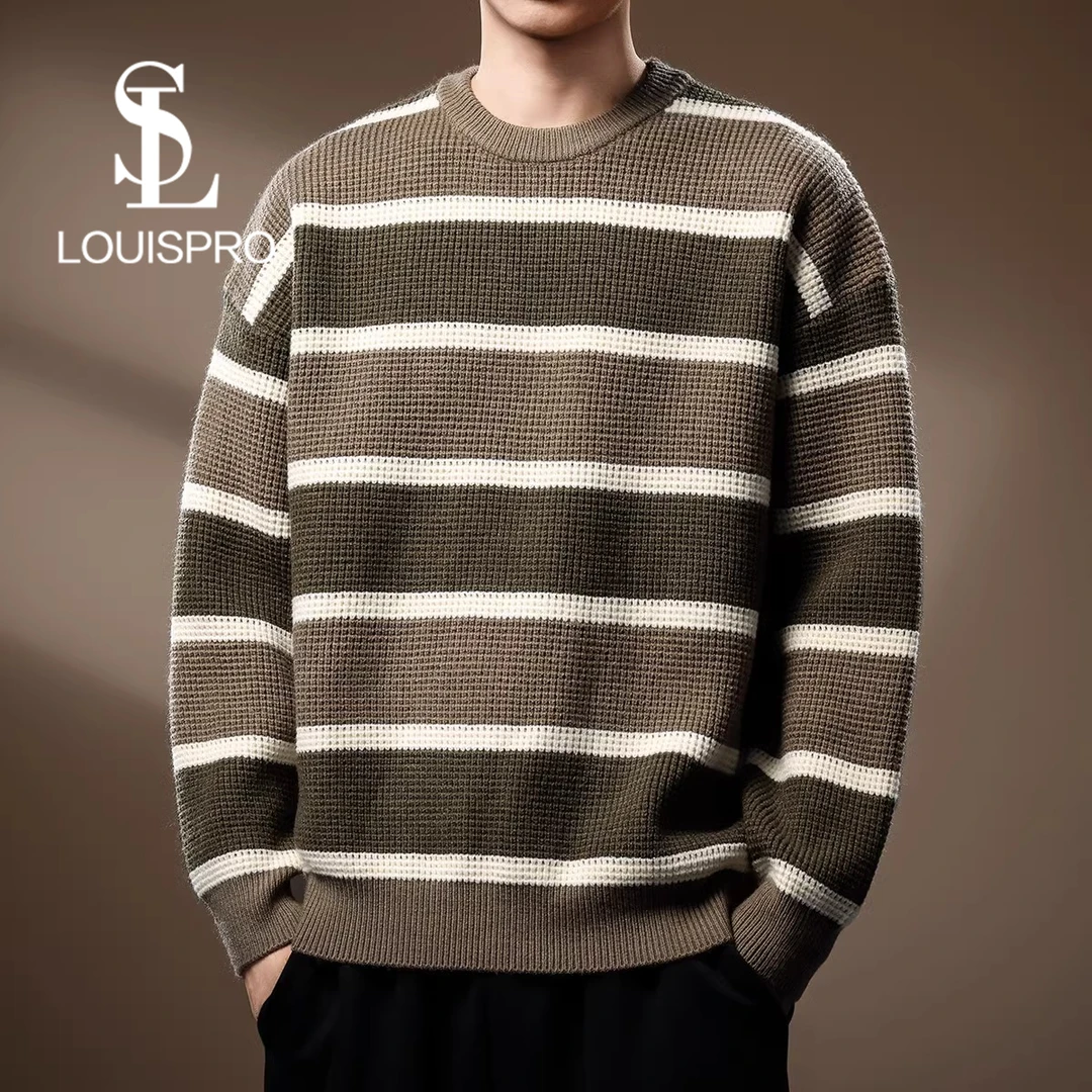 Louispro复古撞色慵懒风条纹男秋冬季新款宽松休闲圆领保暖针织衫