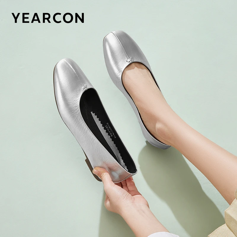 意尔康女鞋2024新款春秋单鞋真皮时尚银色百搭低跟软底浅口单鞋